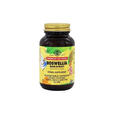 A bottle of SFP Boswellia Resin Extract 60 Vegetable Capsules by Solgar on a white background, promoting joint integrity for the musculoskeletal system.